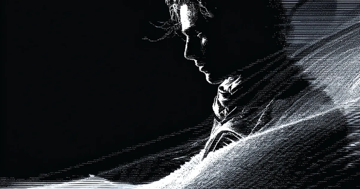A face rendered in fine white linework dissolving into dune contours against black"
