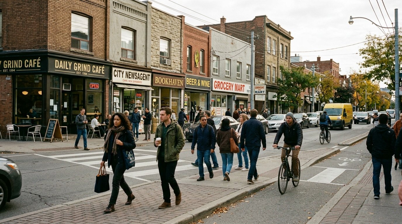 An ordinary city street generated for the E8 Lens: shops, pedestrians and traffic